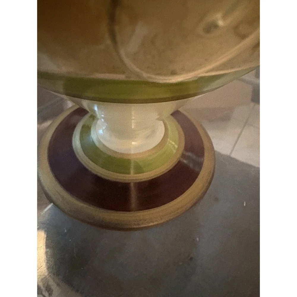 VTG Decorative Glass Urn Jar Pedestal Lid Hand Painted Gold Green Scroll 12